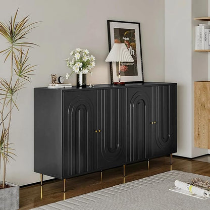 Modern Sideboard Buffet 60" Black Accent Cabinet, Entryway Table with Storage Wood Credenzas for Living Room Home Bar, 4 Doors & Adjustable Shelves