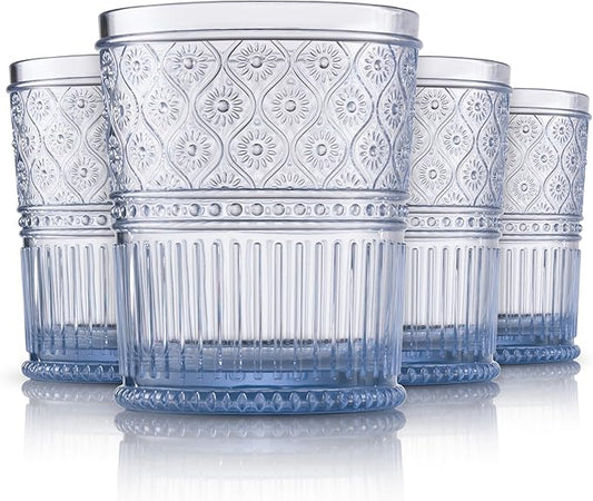 Godinger Whiskey Glasses, Acrylic Drinking Glasses Set, Elegant Lowball Plastic Cups, Rocks Glasses, Glasses Drinking Set, Vintage Romantic Decor - 11oz, Set of 4, Blue