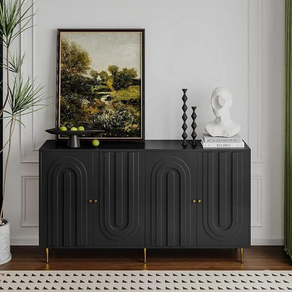 Modern Sideboard Buffet 60" Black Accent Cabinet, Entryway Table with Storage Wood Credenzas for Living Room Home Bar, 4 Doors & Adjustable Shelves