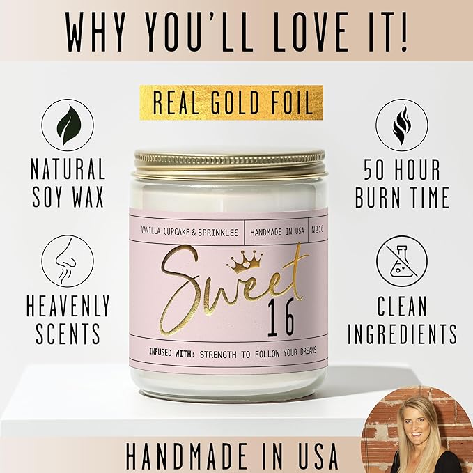 Sweet 16 Gifts for Girls - 'Sweet 16' Soy Candle, w/Vanilla Cupcake & Sprinkles I 16th Birthday Gifts for Girls I Sweet Sixteen Gifts for Girls I 9oz Reusable Jar, 50Hr Burn, Made in USA