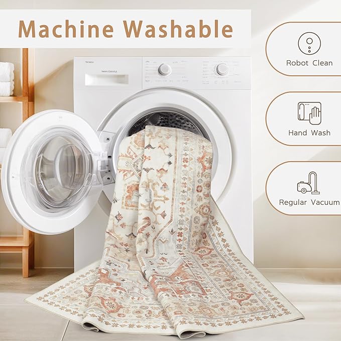 Washable Rugs 8x10 Area Rugs for Living Room,Rugs for Bedroom,Large Carpets,Ultra Soft Faux Wool Retro Dining Room Rug,Non Slip&Non-Shedding Low Pile Vintage Print Rug for Home Office,Orange