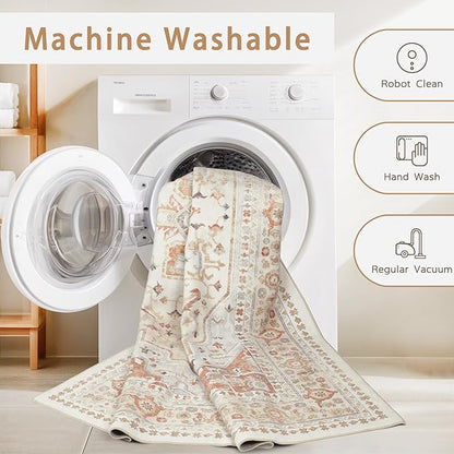 Washable Rugs 8x10 Area Rugs for Living Room,Rugs for Bedroom,Large Carpets,Ultra Soft Faux Wool Retro Dining Room Rug,Non Slip&Non-Shedding Low Pile Vintage Print Rug for Home Office,Orange