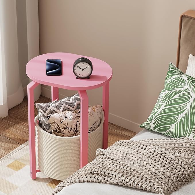 TUTOTAK Small Side Table, Oval End Table, Night Stand, Bedside Table, Sofa Table with Storage Basket, Living Room, Bed Room, Pink TB01BP093