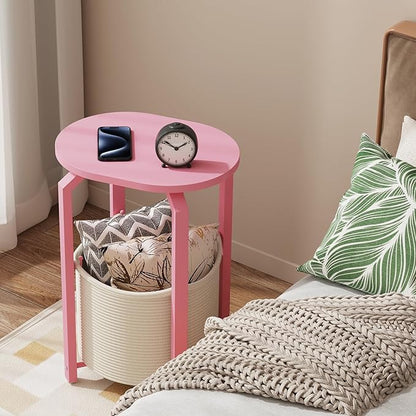 TUTOTAK Small Side Table, Oval End Table, Night Stand, Bedside Table, Set of 2, Sofa Table with Storage Basket, Living Room, Bed Room, Pink TB01BP0932