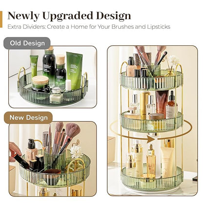 Aveniee Rotating Makeup Organizer for Vanity, Upagraded Perfume Skincare Bathroom Counter Organizers with Brush Divider, 2 Tier Spinning Lipstick Cosmetic Lotion Storage,Green