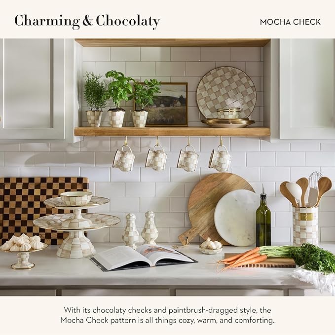 MACKENZIE-CHILDS Enamel Pedestal Platter, Round Cake Stand, Mini, Brown-and-White Mocha Check