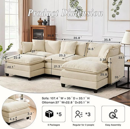 SoarFlash 107.4" Chenille Sectional Sofa, Comfy U Shaped Modular Coush Sofa with Ottoman, Modern 4 Seat Couch Deep Seat Sofa Set for Living Room,Beige