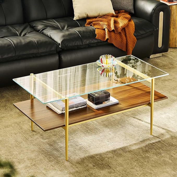 Saint Mossi Tadio Glass Coffee Table, Clear Double Layer Glass Coffee Table for Living Room, Clear Glass & Coffee Brown Bottom Shelf