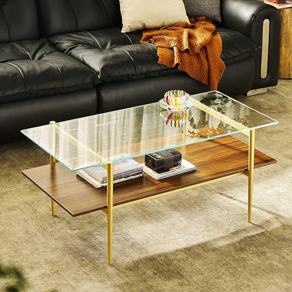 Saint Mossi Tadio Glass Coffee Table, Clear Double Layer Glass Coffee Table for Living Room, Clear Glass & Coffee Brown Bottom Shelf