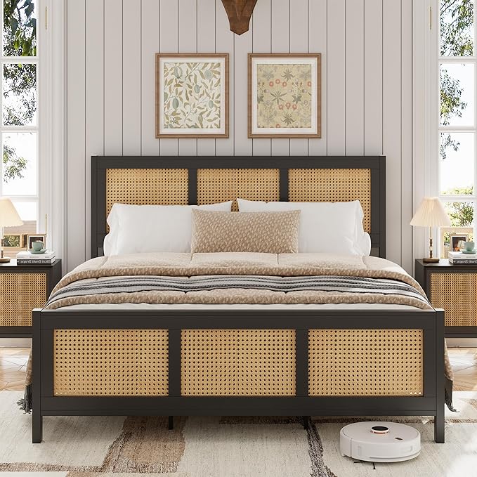 GarveeHome Full Size Rattan Bed Frame with Headboard, Black Boho Cane Platform Bed Frame with Strong Metal Slat, Noise Free, No Box Spring Needed