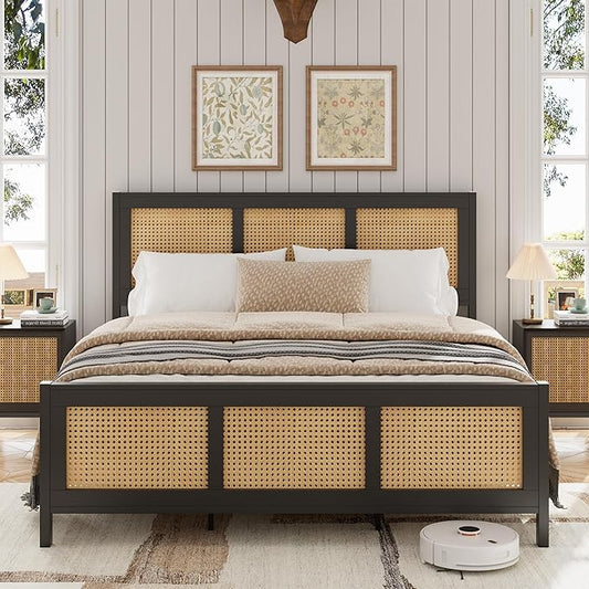 GarveeHome Full Size Rattan Bed Frame with Headboard, Black Boho Cane Platform Bed Frame with Strong Metal Slat, Noise Free, No Box Spring Needed