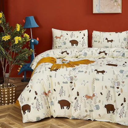 CLOTHKNOW Kids Full Size Comforter Sets Yellow Bear Cartoon Bedding Comforter Sets Fox Theme Woodland Forest Bedding with 2 x Pillow Cases