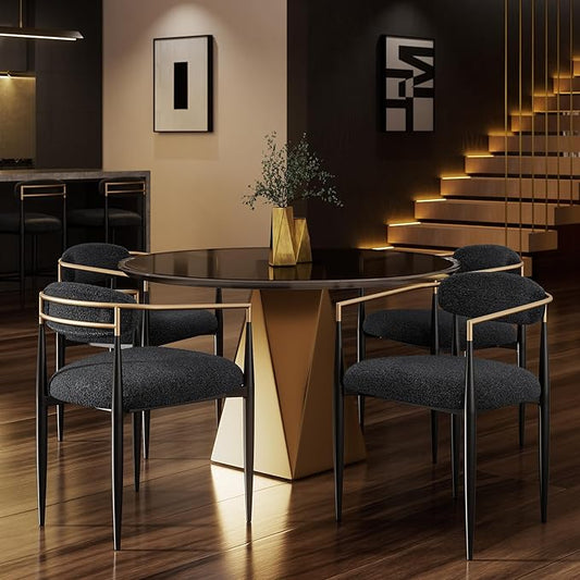 Morden Fort Black Upholstered Dining Chairs Set of 4, Modern Boucle Dining Chairs with Gold Arms and Metal Legs for Kitchen, Living Room, Reception and Restaurant