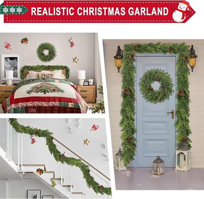 6 Ft Real Touch Christmas Garlands with Pine Cone,Thick and Lush，Bendable guirnaldas navideñas, Lifelike Pine Cedar Garland, Christmas Garland for Mantle,Indoor Outdoor Christmas Decorations