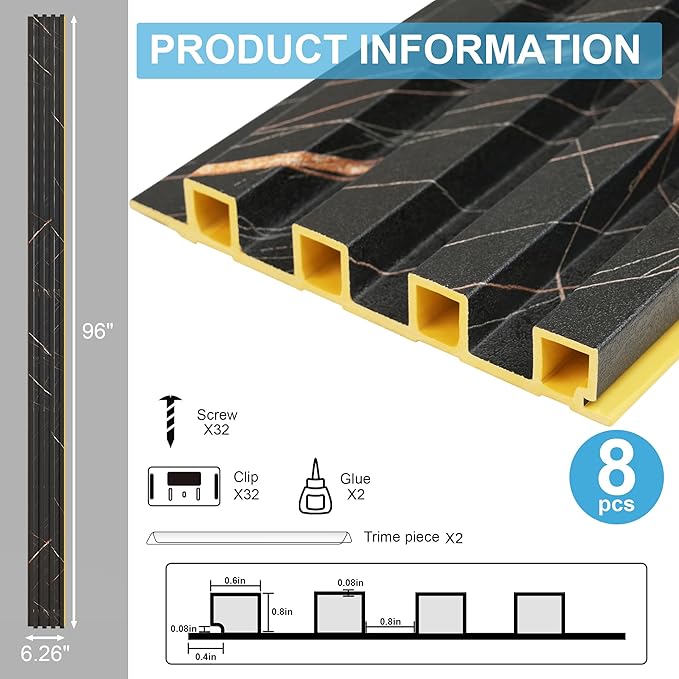 8-Pack WPC Wood Panels for Wall - 96 x 6.6 Inch 3D Acoustic Wall Panels, Waterproof and Easy Installation, Accent Slat Wall Paneling for Living Room, Office, Granite