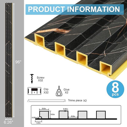 8-Pack WPC Wood Panels for Wall - 96 x 6.6 Inch 3D Acoustic Wall Panels, Waterproof and Easy Installation, Accent Slat Wall Paneling for Living Room, Office, Granite