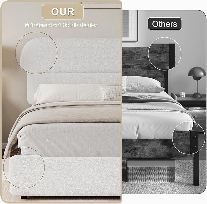 Full Size Bed Frame, Boucle Upholstered Bed Frame Full with Headboard and Thickened Footboard, Rounded Corners, No Box Spring Needed, Easy Assembly, White