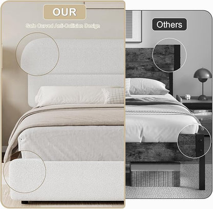 Full Size Bed Frame, Boucle Upholstered Bed Frame Full with Headboard and Thickened Footboard, Rounded Corners, No Box Spring Needed, Easy Assembly, White