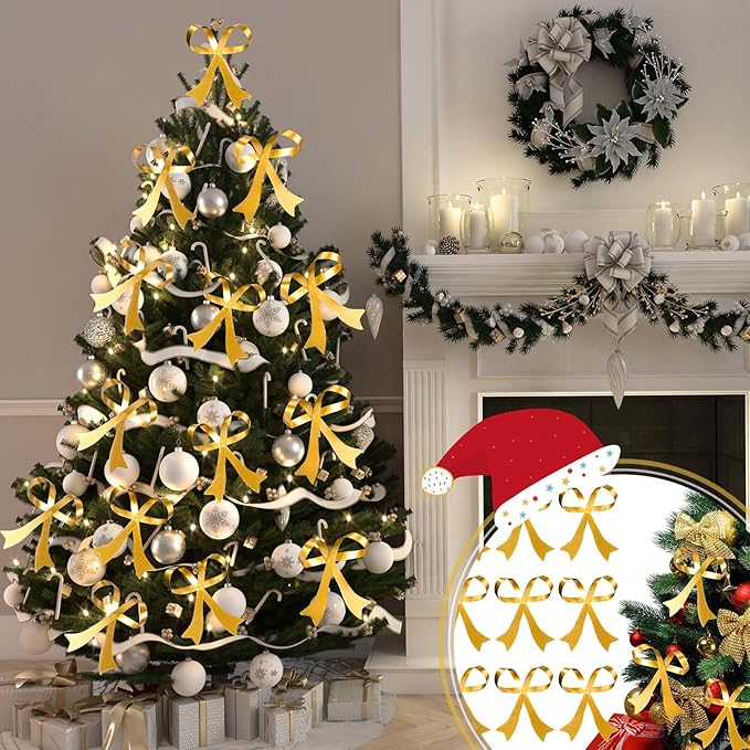 12 Pcs Christmas Metal Bow Ornaments Gold Christmas Tree Hanging Ornaments Bow Tree Topper Gold Bow Decoration for Christmas Tree Garland Wreath Indoor Outdoor Decor