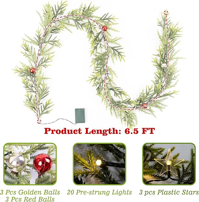 6 FT Artificial Christmas Pine Garland, Battery Operated 20 Warm Lights with Timer, Faux Greenery Spruce with Red Gold Ornaments and Stars, Holiday Decoration for Mantel Stair Doorway