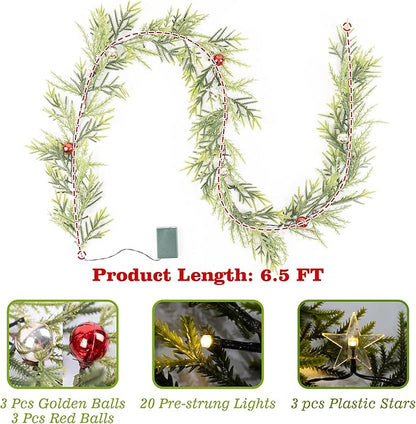 6 FT Artificial Christmas Pine Garland, Battery Operated 20 Warm Lights with Timer, Faux Greenery Spruce with Red Gold Ornaments and Stars, Holiday Decoration for Mantel Stair Doorway