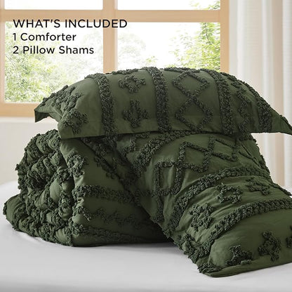 Bedsure Tufted Boho Comforter Set Queen Size - Olive Green Boho Bed Set, GentleSoft™ 3 Pieces Farmhouse Shabby Chic Embroidery Bedding, Gifts for Woman, Soft Jacquard Queen Comforter for All Seasons