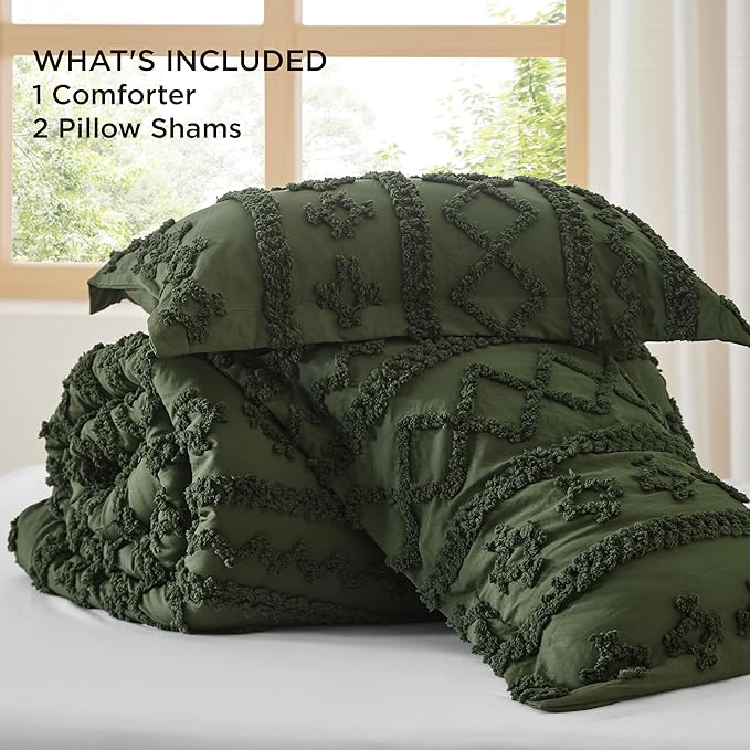 Bedsure Tufted Boho Comforter Set King Size - Olive Green Boho Bed Set, GentleSoft™ 3 Pieces Farmhouse Shabby Chic Embroidery Bedding, Gifts for Woman, Soft Jacquard King Comforter for All Seasons