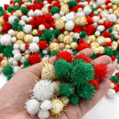 Allruyee 1500 Pieces Christmas Pom Pom Tinsel Glitter Pom Pom Balls for Crafts and Decorations(4 Sizes, Gold, White, Red, Green)