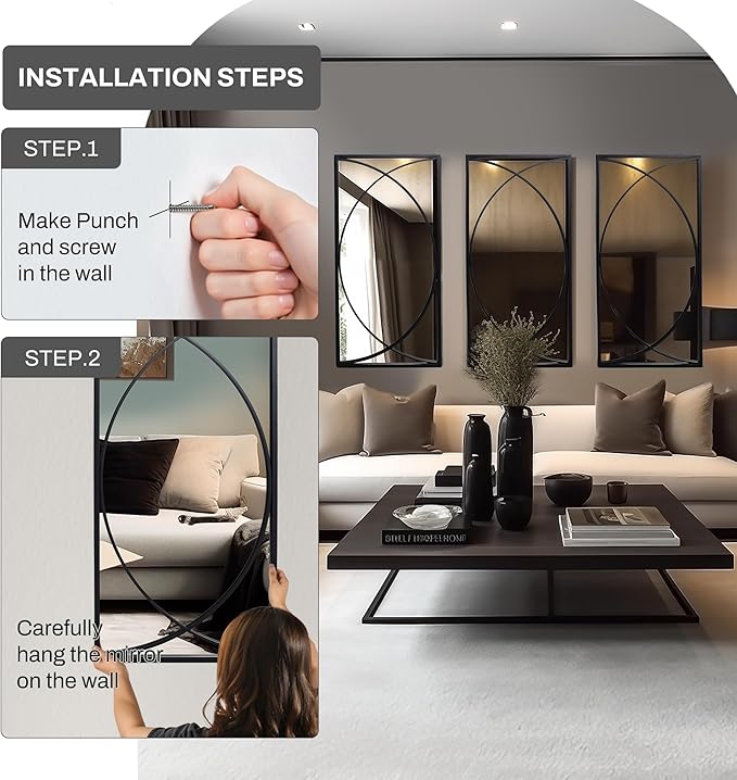 LuxenHome 3 Pieces Black Metal Rectangular Wall Mirror Set Large Vanity Mirror for Bedroom, Black Accent Metal Entryway Wall Mirror, Wall Mounted Mirror Living Room Wall Decor