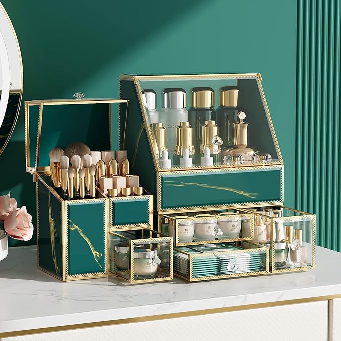 Makeup Organizer Green– Large Vanity Organizer for Skincare, Lipsticks, Perfume & Brushes – Countertop Cosmetic Storage Box for Women, Bathroom or Dresser.