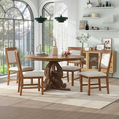 Merax Round Solid Wood Dining Table Set for 4, Farmhouse Kitchen Table Set with 4 Upholstered Chairs, 5-Piece Table and Chairs Set for Kitchen, Dining Room, Living Room, Walnut