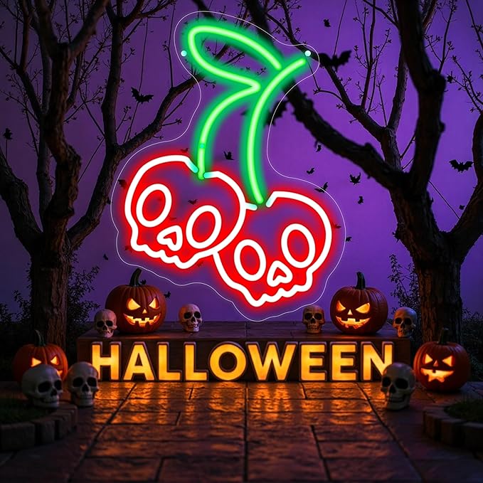 Cherry Skull Neon Sign, Gothic Neon Sign, Halloween Skull Lover Gifts, Skull Room Wall Decor for Man Cave Beer Bar Club Game Room Halloween Party Decor Gifts-Large-17.72IN