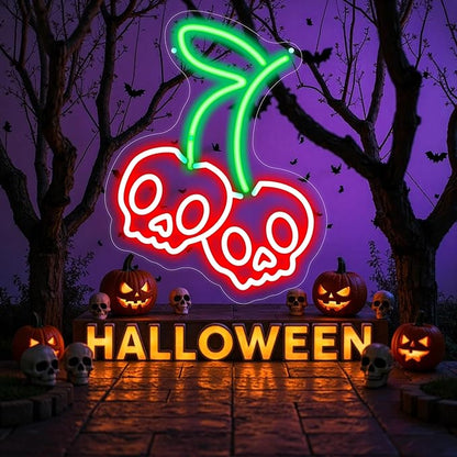 Cherry Skull Neon Sign, Gothic Neon Sign, Halloween Skull Lover Gifts, Skull Room Wall Decor for Man Cave Beer Bar Club Game Room Halloween Party Decor Gifts-Large-17.72IN