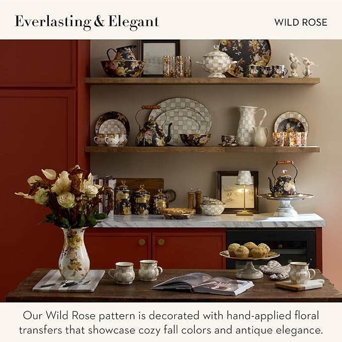 MACKENZIE-CHILDS Tall Enamel Vase, Unique Flower-Vase Decor for Living Room, Wild Rose White