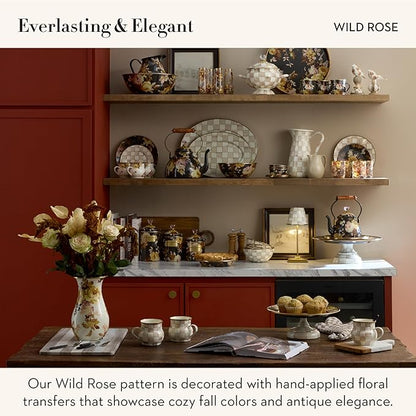 MACKENZIE-CHILDS Tall Enamel Vase, Unique Flower-Vase Decor for Living Room, Wild Rose White