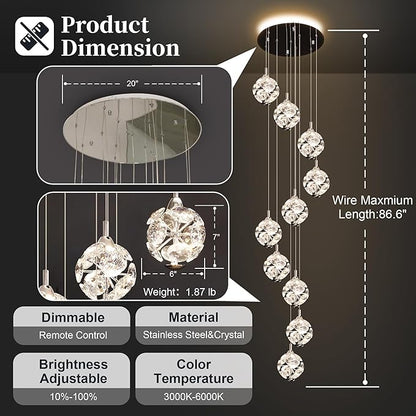 10-Light High Ceilings Long Chandeliers Modern Crystal Staircase Chandelier Hanging Lighting Fixtures Long Raindrop Hanging Chandeliers for Staircase,Foyer,Entryway