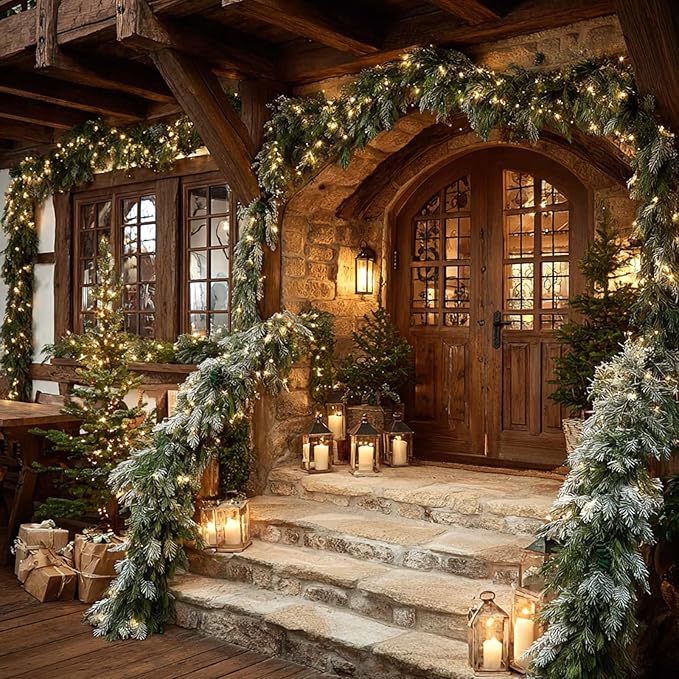 9FT Christmas Garlands Norfolk Pine Garland, Real Touch Artificial Winter Pine Garland, Green Artificial Greenery Garlands with Snowflake for Wall, Mantle, Table, Indoor, Outdoor Christmas Decorations