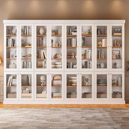Vyre 70.8" Tall White Bookshelf with Glass Doors, Farmhouse Modular Bookcase with 6-Tier Adjustable Shelves, Large Storage Cabinet for Home Office, Living Room, Set of 4