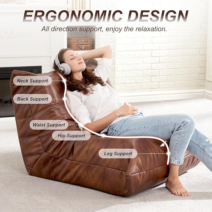 Hobestluk Giant Bean Bag Chair Lazy Floor Sofa, Fireside Sofa for Adults, Big Beanbag Faux Leather Armless Chair for Living Room Bedroom Dorm Office (Brown, Single)