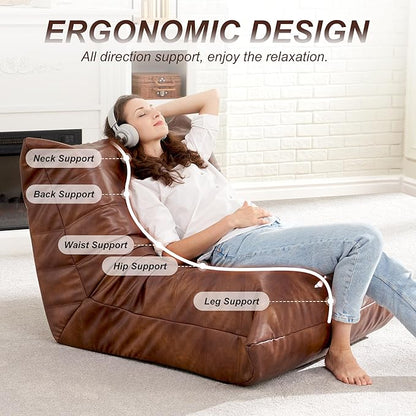 Hobestluk Giant Bean Bag Chair Lazy Floor Sofa, Fireside Sofa for Adults, Big Beanbag Faux Leather Armless Chair for Living Room Bedroom Dorm Office (Brown, Single)