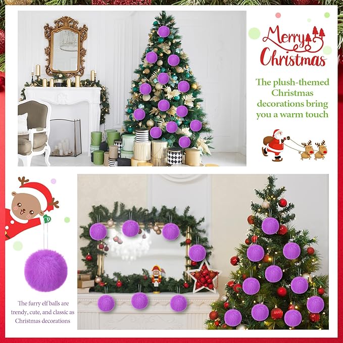 12Pcs Furry Christmas Ball Ornament for Xmas Tree Purple Soft Faux Fur Pom Pom Ball Ornaments Christmas Tree Hanging Decorations for Winter Party Home Decor Costume Supplies