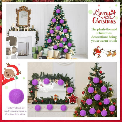 12Pcs Furry Christmas Ball Ornament for Xmas Tree Purple Soft Faux Fur Pom Pom Ball Ornaments Christmas Tree Hanging Decorations for Winter Party Home Decor Costume Supplies