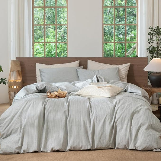 MooMee Striped Duvet Cover Set 100% Washed Cotton Linen Like Textured Breathable Durable Soft Comfy (Heathered Green Pinstripes, King 104"x90")