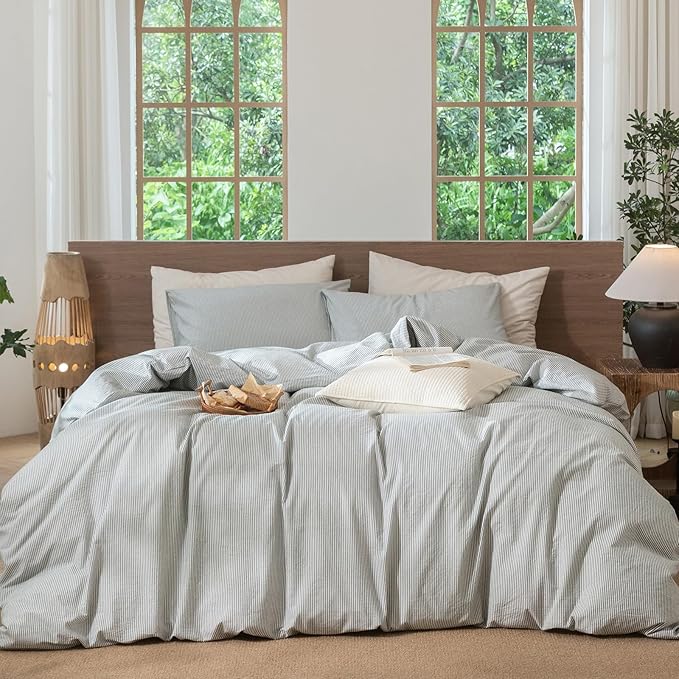 MooMee Striped Duvet Cover Set 100% Washed Cotton Linen Like Textured Breathable Durable Soft Comfy (Heathered Green Pinstripes, Queen 90"x90")