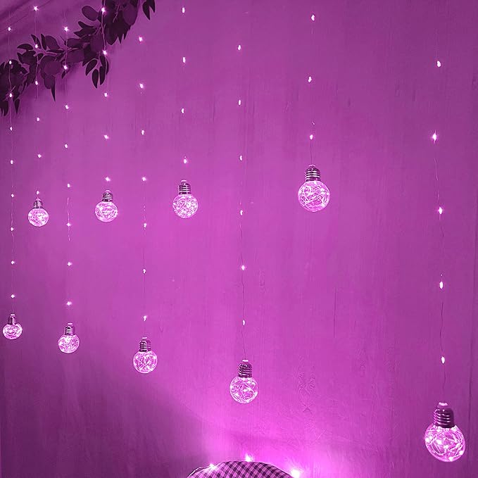 YOLIGHT Wishing Ball Curtain Lights 200 LED Window Curtain String Light with Remote, USB Battery Powered Twinkle Globe Fairy Lights for Wedding Party Bedroom Christmas Decoration (Pink)