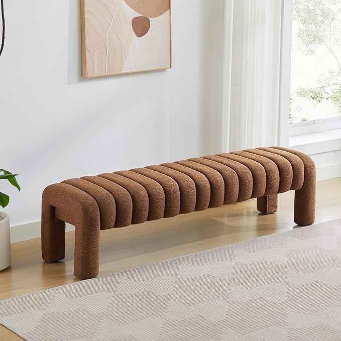 63’’ End of Bed Bench, Modern Boucle Entryway Bench, Upholstered Ottoman Stool with Extra Length, Full Coverage Fabrics, Ottoman for Bedroom, Living Room, Dining Room, Rust Brown