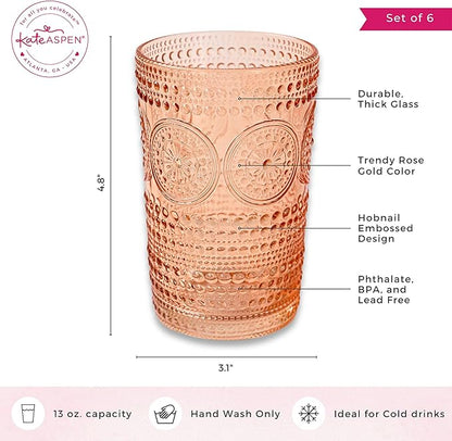 Kate Aspen Hobnail Beaded Floral Rose Gold Drinking Glasses Set of 6, (13 oz) Vintage Glassware Set Cocktail Glass Set, Juice Glass, Water Cups | Great Hostess Gift & Gift for New Home Owners