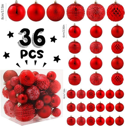 Red Christmas Ball Ornaments Christmas Tree Decorations 36pcs Shatterproof Christmas Ornaments Set with 6 Styles in 3 Sizes(Small Medium Large)
