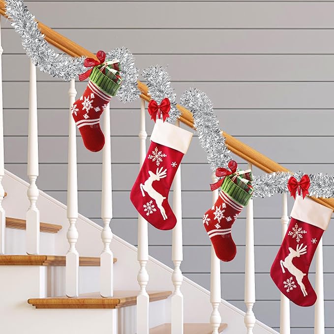 50 FT Silver Christmas Tinsel Garland Christmas Decorations for Xmas Tree Decor Metallic Twist Shiny Hanging Garlands for Tree Mantel Stairs Fireplace Home Indoor Outdoor Holiday Decor Party Supplies