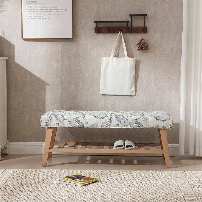 Wooden End of Bed Bench with Shoe Shelf 2 Tier Farmhouse Button Tufted Linen Fabric Upholstered Entryway Bench for Living Room/Bedroom/Hallway/Window Corner, Blue